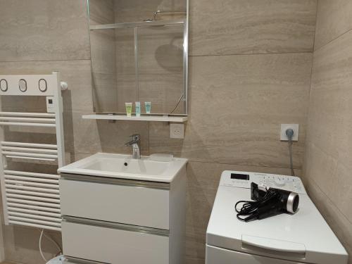 une petite salle de bain avec un lavabo et un miroir dans l'établissement Appartement cosy avec parking proche vieux port, à Pornic