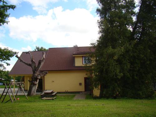 a yellow house with a tree in the yard at Kõrtsitalu külalistemaja in Kõpu