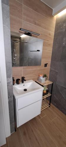 a bathroom with a white sink and a mirror at Loft bianco nero in Tríkala