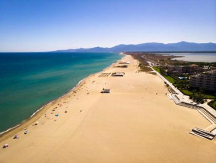 une vue aérienne d'une plage avec l'océan dans l'établissement Appartement 100m de la mer, à Canet