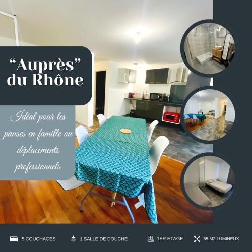 Un collage de fotos de una cocina y una mesa en una habitación. en Auprès du Rhône, en Saint-Vallier