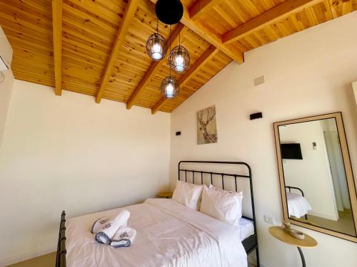 a bedroom with a bed with a mirror and lights at אוצר הטבע in Maghār