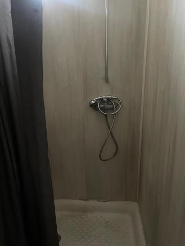 une douche avec un cintre dans le coin d'une salle de bain dans l'établissement Petit Studio en plein centre, à Clermont-Ferrand