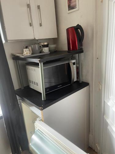 un four micro-ondes sur une étagère dans une cuisine dans l'établissement Petit Studio en plein centre, à Clermont-Ferrand