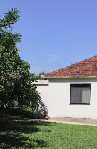 a white house with a window and a yard at Casa L in Ulcinj