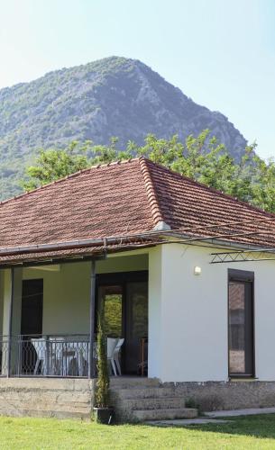 a white house with a mountain in the background at Casa L in Ulcinj
