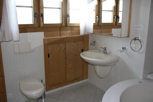 a bathroom with a sink and a toilet at Plazzetta 23 in Sent