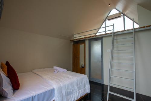 a bedroom with a bed with a ladder in it at The cozy huts in Chikmagalūr
