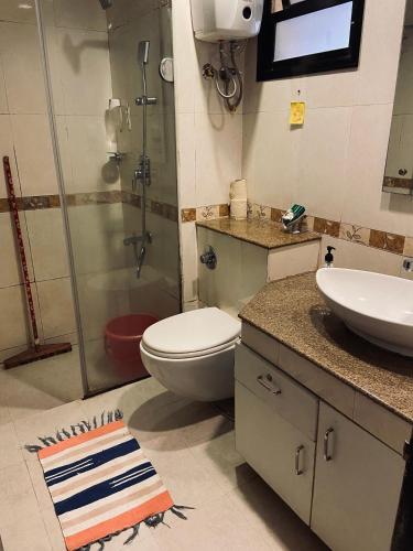 a bathroom with a toilet and a sink and a shower at Riviera Hermitage Ocean Breeze in Arpora