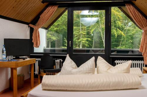 a bedroom with a bed and a large window at Landhotel Westerwald in Ehlscheid