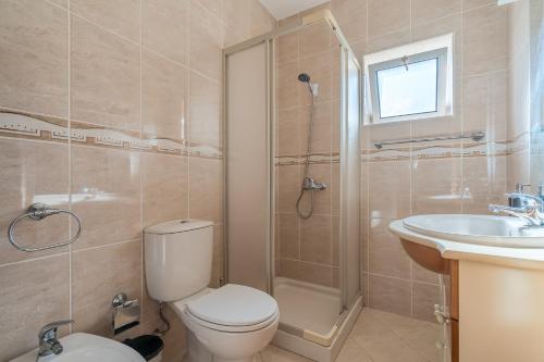 a bathroom with a toilet and a sink and a shower at Casal do Porto - Um refugio de férias in Vila Verde