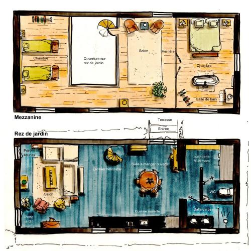 two views of a floor plan of a house at Maison de vacances avec piscine chauffée, jacuzzi et jardin privé - proche circuit des 24h du Mans in Saint-Christophe-en-Champagne