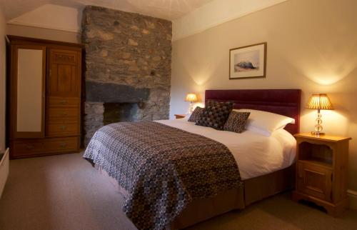 um quarto com uma cama e uma lareira de pedra em Dolffanog Fawr em Tal-y-llyn