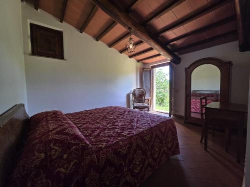 a bedroom with a bed and a chair and a window at Agriturismo Collina degli Ulivi in Sarteano
