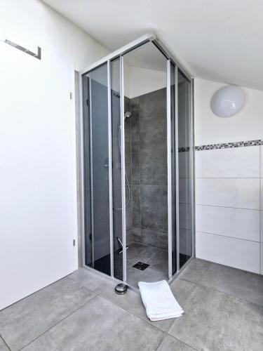 a shower with a glass door in a bathroom at Ferienwohnung Lindpointner in Innerschwand am Mondsee