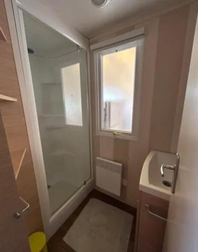 La petite salle de bains est pourvue d'une douche et d'un lavabo. dans l'établissement Mobilhome 8 places Oasis Village, à Puget-sur Argens