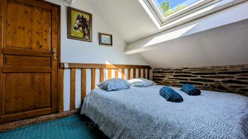 - une chambre avec 2 oreillers bleus sur un lit dans l'établissement Authentique Piscine Couverte Chauffée Vue Nature, à Guéméné-Penfao