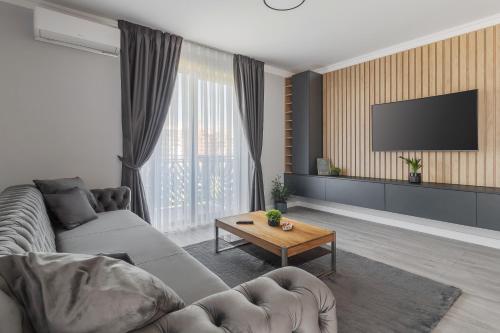 a living room with a couch and a tv at FELIX LOTUS - DeLuxe Residence in Baile Felix