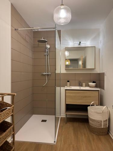 une salle de bain avec une douche avec un lavabo et un miroir dans l'établissement Suite romantique - Escale à Bali, à Broons