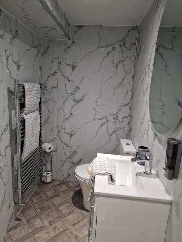 a bathroom with a white sink and a toilet at Fairladies Barn Guest House in St Bees