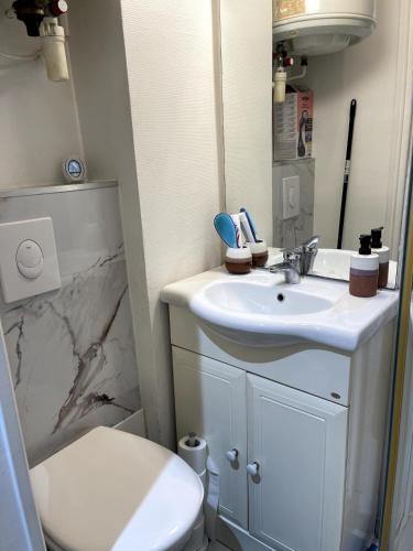une salle de bain avec un lavabo blanc et des toilettes dans l'établissement Cocon Paisible a Ivry, à Ivry-sur-Seine
