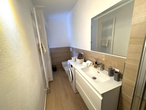 a bathroom with a sink and a mirror at Apt Terrace & Garden near Como in Lipomo