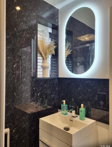 a bathroom with a white sink and a mirror at Trendy Studio With A Private Garden in Chatham