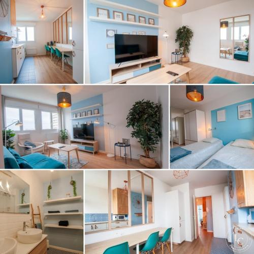 un collage de photos d'un salon et d'une cuisine dans l'établissement Cocon urbain fully refurbished - 2 bedrooms -70m2, à Orléans