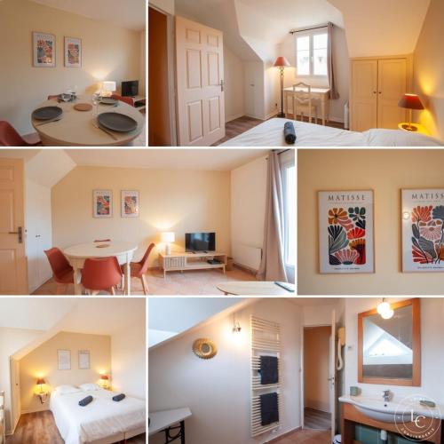 un collage de quatre photos d'une pièce dans l'établissement La Golfette - Cottage, à Ardon