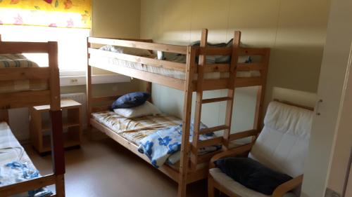a room with three bunk beds in a room at Täljebo Vandrarhem, Sundsbrovägen 1, Söderhamn in Söderhamn