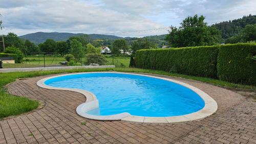 une petite piscine bleue sur une allée en briques dans l'établissement L'intemporel - Grand Jardin avec Piscine, à Le Thillot