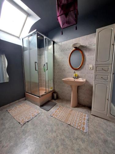 a bathroom with a shower and a sink and a mirror at Longère avec jacuzzi et jardin à 10 min de Rennes in Servon-sur-Vilaine