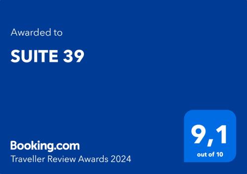 a blue square with the wordsouched to suite and the text travel review awards at SUITE 39 in Molfetta