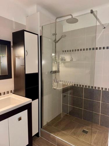 une salle de bain avec une douche en verre avec un lavabo dans l'établissement T2 60m2, Centre Ville, Parking Gratuit, Terrasse, Proche Tram, à seulement 15mn des Plages, à Montpellier