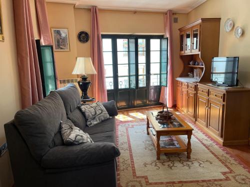 a living room with a couch and a tv at La nueva Covadonguina in Cangas de Onís