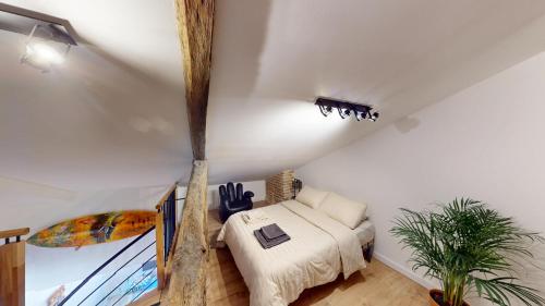 une chambre avec un lit et une planche de surf dans l'établissement Loft d exception Hyper-centre Albi UNeSCO, à Albi