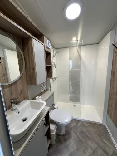 a bathroom with a sink and a toilet and a shower at Royal Oak Caravan Park in Skegness