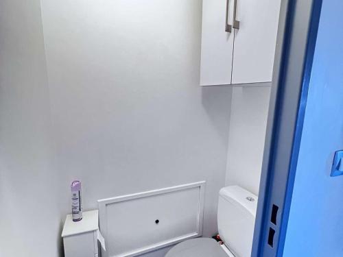 une salle de bain blanche avec des toilettes et un lavabo dans l'établissement Studio Cabine + Alcôve, 4 Couchages, Animaux admis - FR-1-702-72, au Cap d'Agde