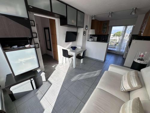 un salon avec un canapé blanc et une cuisine dans l'établissement Bel appartement 2 pièces + cabine avec terrasse vue port - FR-1-731-126, au Grau-du-Roi