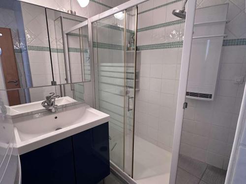 une salle de bain avec un lavabo et une douche dans l'établissement Bel appartement 2 pièces + cabine avec terrasse vue port - FR-1-731-126, au Grau-du-Roi