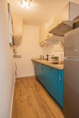 La cuisine est équipée de placards bleus et d'un réfrigérateur en acier inoxydable. dans l'établissement Appartement Cosy Proche plage, à Santa-Maria-di-Lota