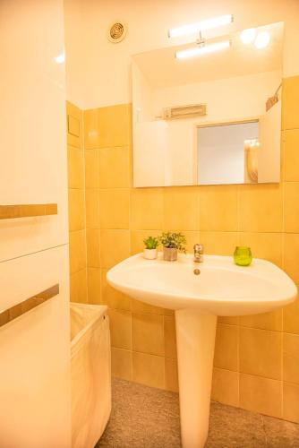 une salle de bain avec un lavabo et un miroir dans l'établissement Appartement Cosy Proche plage, à Santa-Maria-di-Lota