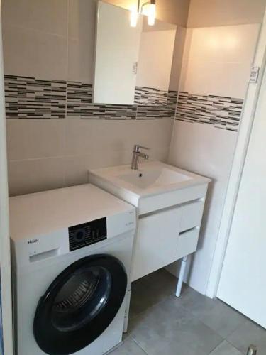 - une buanderie avec un lave-linge et un évier dans l'établissement Nice apartment with garden, à Agde