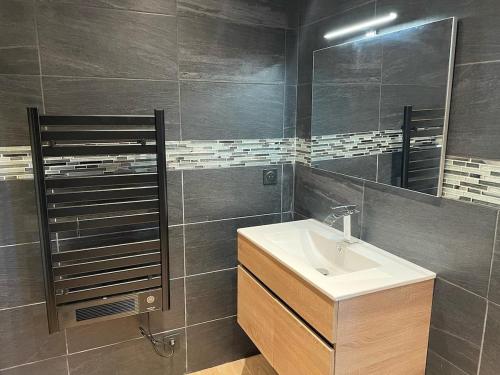 une salle de bain avec un lavabo et un miroir dans l'établissement studio dans une dependance, à La Celle-sous-Gouzon