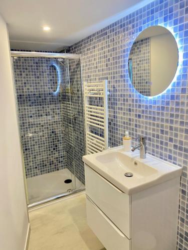 une salle de bain avec un lavabo et une douche avec un miroir dans l'établissement Appartement cosy avec jardin, à Herrlisheim-près-Colmar