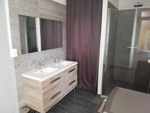 une salle de bain avec un lavabo et une douche dans l'établissement Gîte Lou Cagnard au coeur des gorges de l'Ardèche, à Saint Alban Auriolles