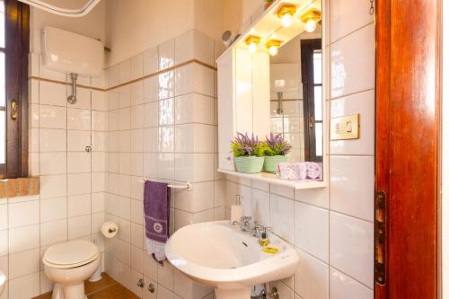 a white bathroom with a sink and a toilet at Villa Cresci con piscina in Sassetta