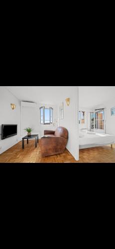 un salon avec un canapé en cuir et une télévision dans l'établissement Superbe 2 Pièces avec balcons !, à Nice