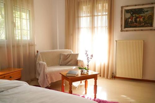a bedroom with a chair and a table and a window at Iris Rooms Trigona in Trygón