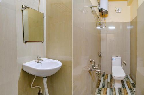 two pictures of a bathroom with a sink and a toilet at FabHotel Kamala Inn in Kotrung